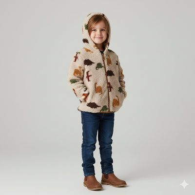 Sherpa Fleece Jacquard Dinosaurs Beige