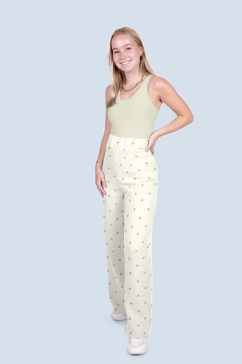 Double Gauze Printed Leaves Off White