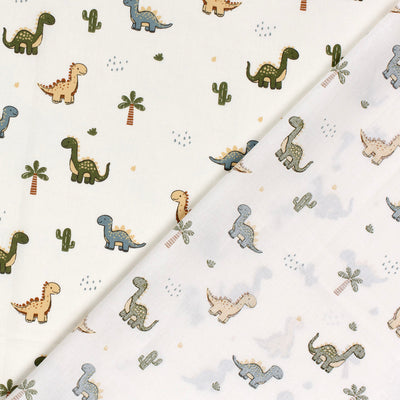 Cotton Poplin Printed Dinosaurs Off White