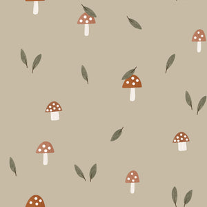Waterproof Fabric Printed Mushrooms Taupe Grey